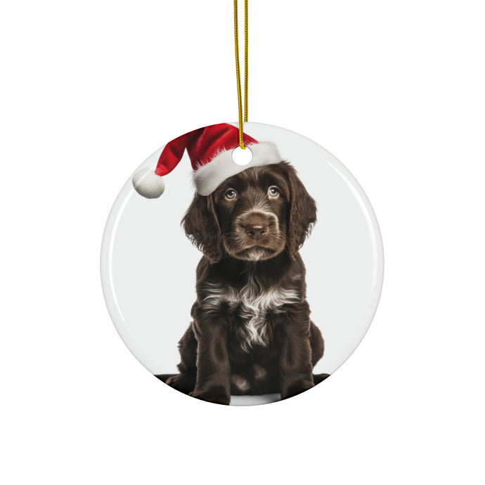 DistinctInk Hanging Ceramic Christmas Tree Ornament with Gold String - Great Gift/Present - 2 3/4 inch Diameter - Spinoni Italiani Puppy Design