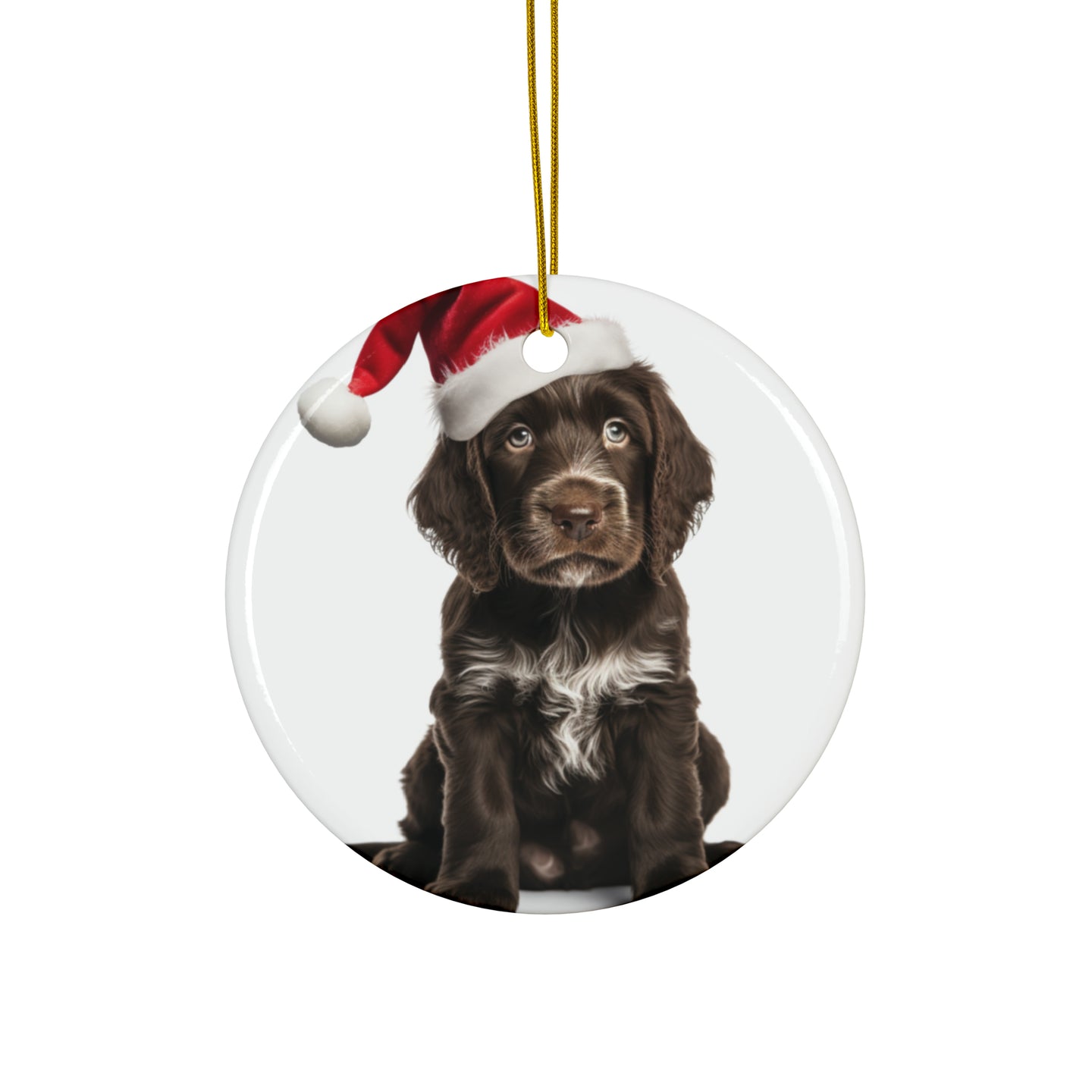 DistinctInk Hanging Ceramic Christmas Tree Ornament with Gold String - Great Gift/Present - 2 3/4 inch Diameter - Spinoni Italiani Puppy Design