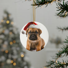 DistinctInk Hanging Ceramic Christmas Tree Ornament with Gold String - Great Gift/Present - 2 3/4 inch Diameter - Bullmastiff Puppy Design