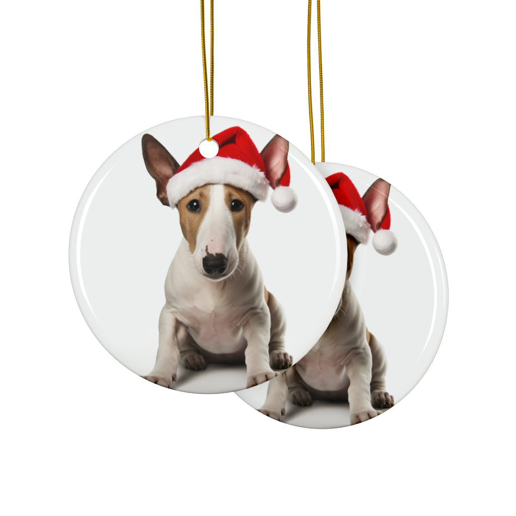 Hanging Ceramic Christmas Tree Ornament with Gold String - Miniature Bull Terrier Design, view 2