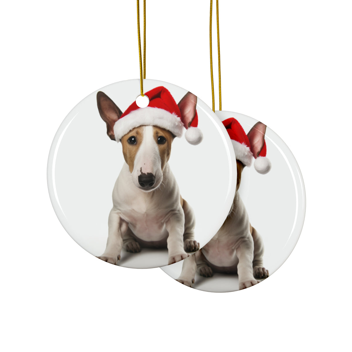 Hanging Ceramic Christmas Tree Ornament with Gold String - Miniature Bull Terrier Design, view 2
