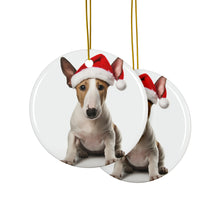 DistinctInk Hanging Ceramic Christmas Tree Ornament with Gold String - Great Gift/Present - 2 3/4 inch Diameter - Miniature Bull Terrier Design