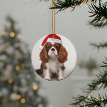 DistinctInk Hanging Ceramic Christmas Tree Ornament with Gold String - Great Gift/Present - 2 3/4 inch Diameter - Cavalier King Charle Spaniel Design