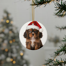 DistinctInk Hanging Ceramic Christmas Tree Ornament with Gold String - Great Gift/Present - 2 3/4 inch Diameter - English Toy Spaniel Puppy Design