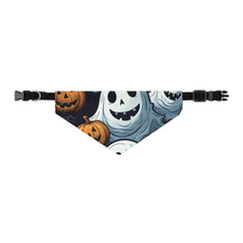 DistinctInk Adjustable Pet Banana Collar with Ghoulish Ghostbusters and Pumpkins Design for Halloween