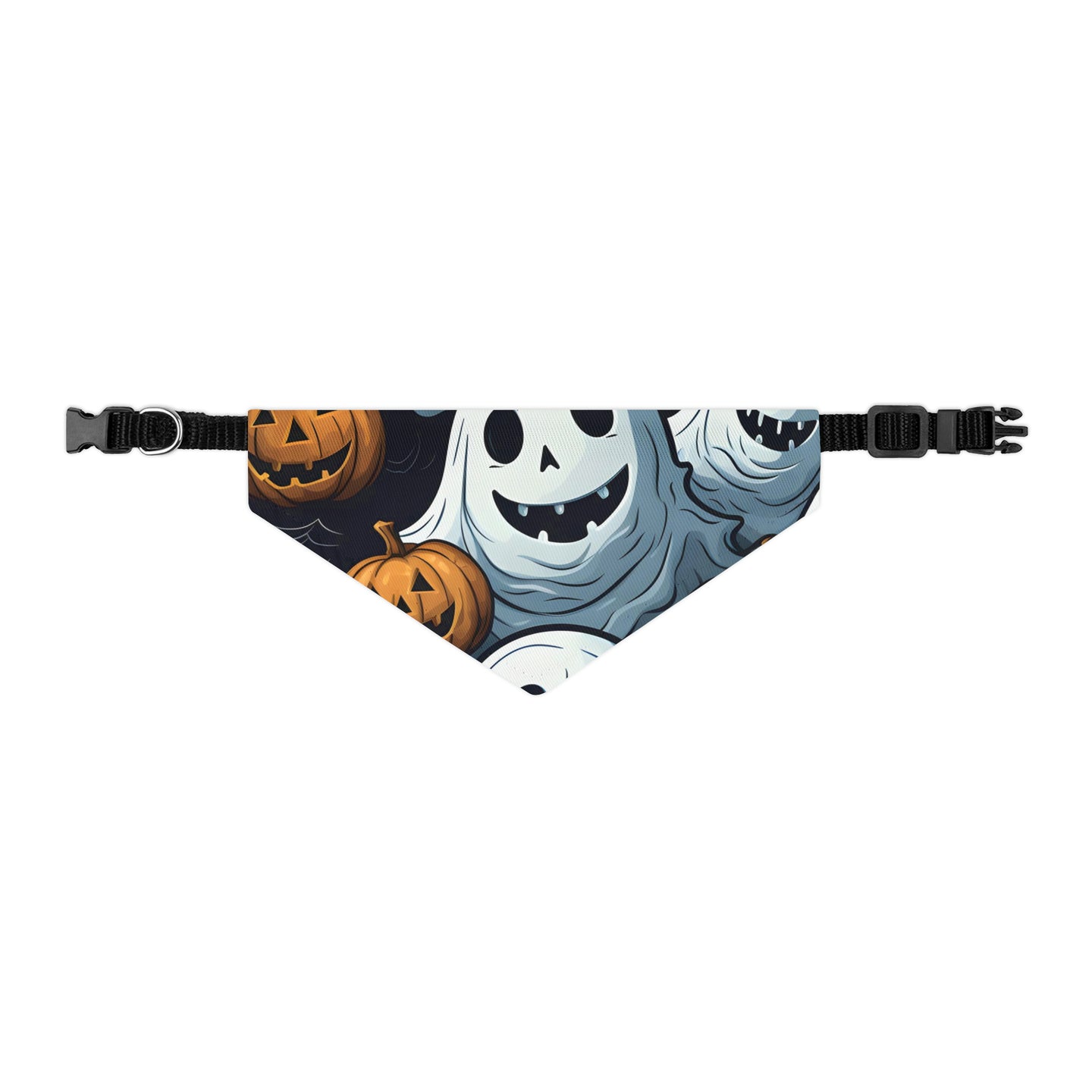 DistinctInk Adjustable Pet Banana Collar with Ghoulish Ghostbusters and Pumpkins Design for Halloween
