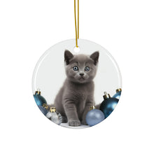 DistinctInk Hanging Ceramic Christmas Tree Ornament with Gold String - Great Gift/Present - 2 3/4 inch Diameter - Russian Blue Kitten Design