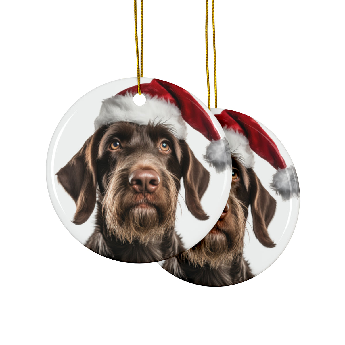 Hanging Ceramic Christmas Tree Ornament with Gold String - German Wirehaired Pointer Design, view 2