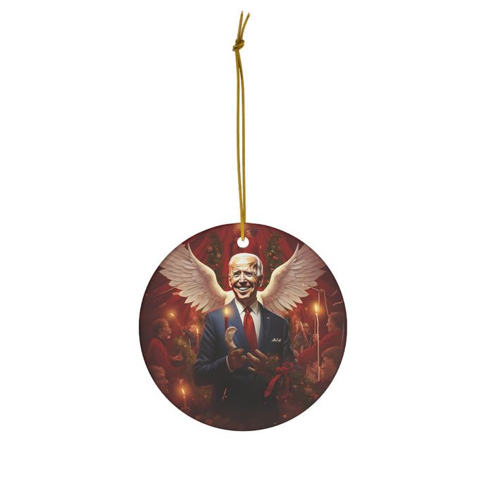 DistinctInk Hanging Ceramic Christmas Tree Ornament Charm with Gold String - Great Gift/Present - 2 3/4 inch Diameter - Biden's Merry Christmas Angel Wings