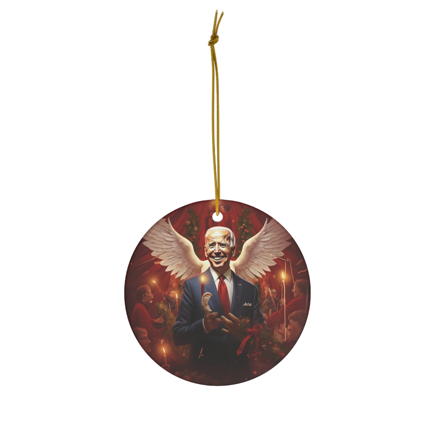 DistinctInk Hanging Ceramic Christmas Tree Ornament Charm with Gold String - Great Gift/Present - 2 3/4 inch Diameter - Biden's Merry Christmas Angel Wings