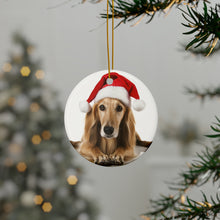 DistinctInk Hanging Ceramic Christmas Tree Ornament with Gold String - Great Gift/Present - 2 3/4 inch Diameter - Saluki Puppy Design