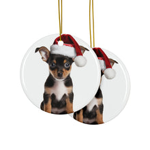 DistinctInk Hanging Ceramic Christmas Tree Ornament with Gold String - Great Gift/Present - 2 3/4 inch Diameter - Toy Fox Terrier Puppy Design