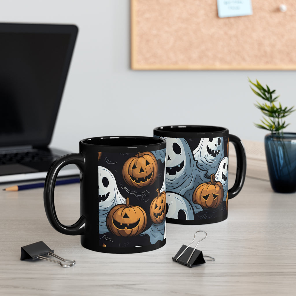 Black Coffee Mug - Ghoulish Ghostbusters and Pumpkins for Halloween, view 5