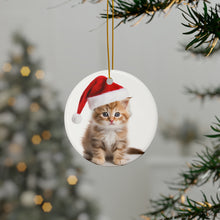 DistinctInk Hanging Ceramic Christmas Tree Ornament with Gold String - Great Gift/Present - 2 3/4 inch Diameter - LaPerm Kitten Design