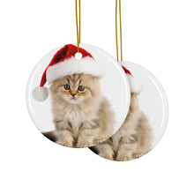 DistinctInk Hanging Ceramic Christmas Tree Ornament with Gold String - Great Gift/Present - 2 3/4 inch Diameter - Persian Kitten Design