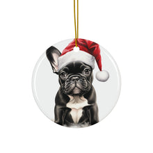 DistinctInk Hanging Ceramic Christmas Tree Ornament with Gold String - Great Gift/Present - 2 3/4 inch Diameter - French Bulldog Puppy Drawing Design