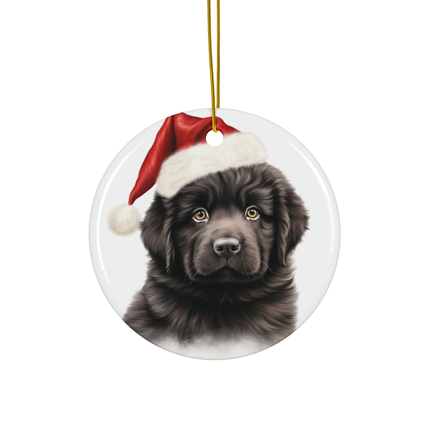 DistinctInk Hanging Ceramic Christmas Tree Ornament with Gold String - Great Gift/Present - 2 3/4 inch Diameter - Newfoundland Puppy Drawing Design