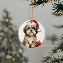DistinctInk Hanging Ceramic Christmas Tree Ornament with Gold String - Great Gift/Present - 2 3/4 inch Diameter - Lhasa Apso Puppy Drawing Design