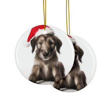 DistinctInk Hanging Ceramic Christmas Tree Ornament with Gold String - Great Gift/Present - 2 3/4 inch Diameter - Irish Wolfhound Puppy Design