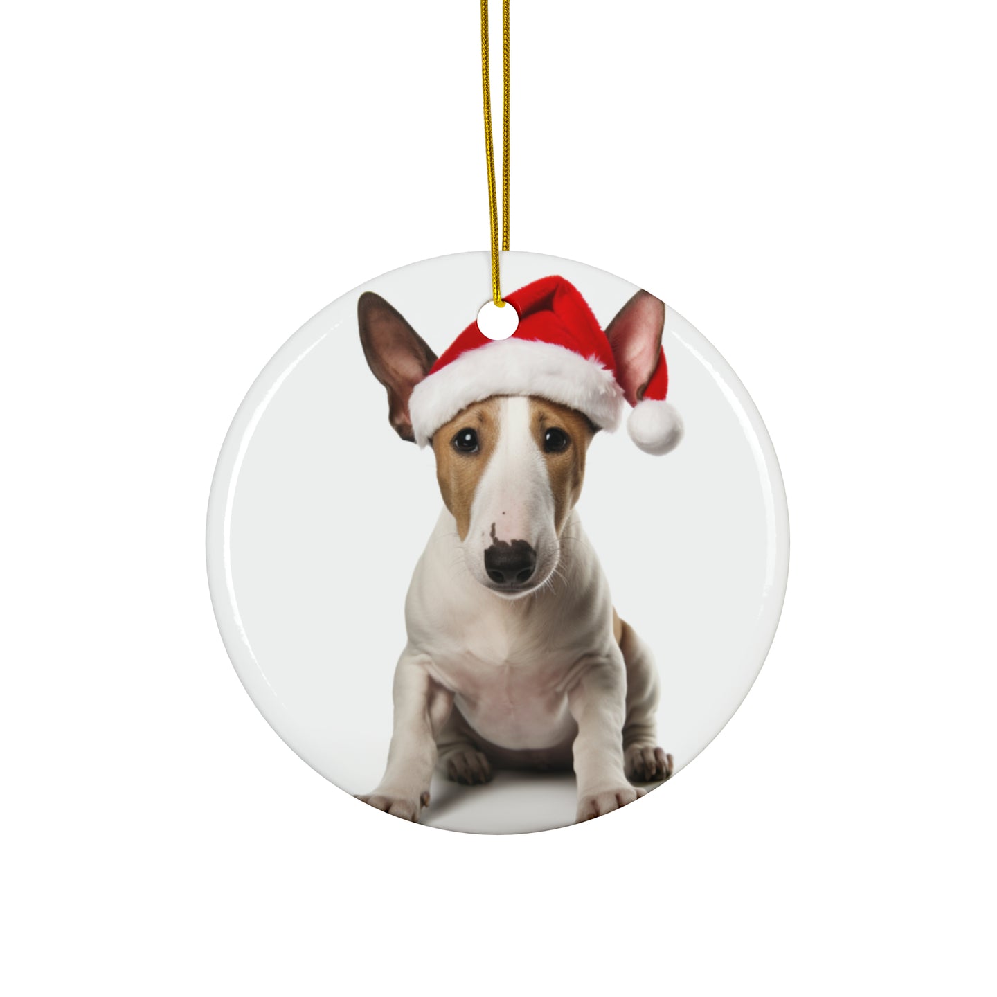 DistinctInk Hanging Ceramic Christmas Tree Ornament with Gold String - Great Gift/Present - 2 3/4 inch Diameter - Miniature Bull Terrier Design