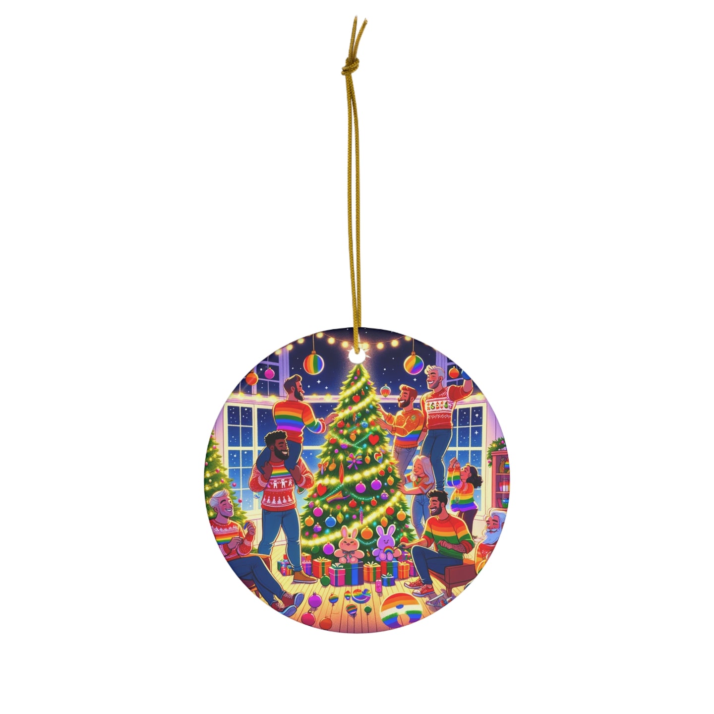 DistinctInk Hanging Ceramic Christmas Tree Ornament Charm with Gold String - Great Gift/Present - 2 3/4 inch Diameter - Prideful Christmas Celebration