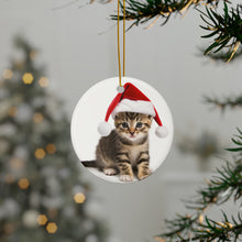 DistinctInk Hanging Ceramic Christmas Tree Ornament with Gold String - Great Gift/Present - 2 3/4 inch Diameter - American Wirehair Kitten Design