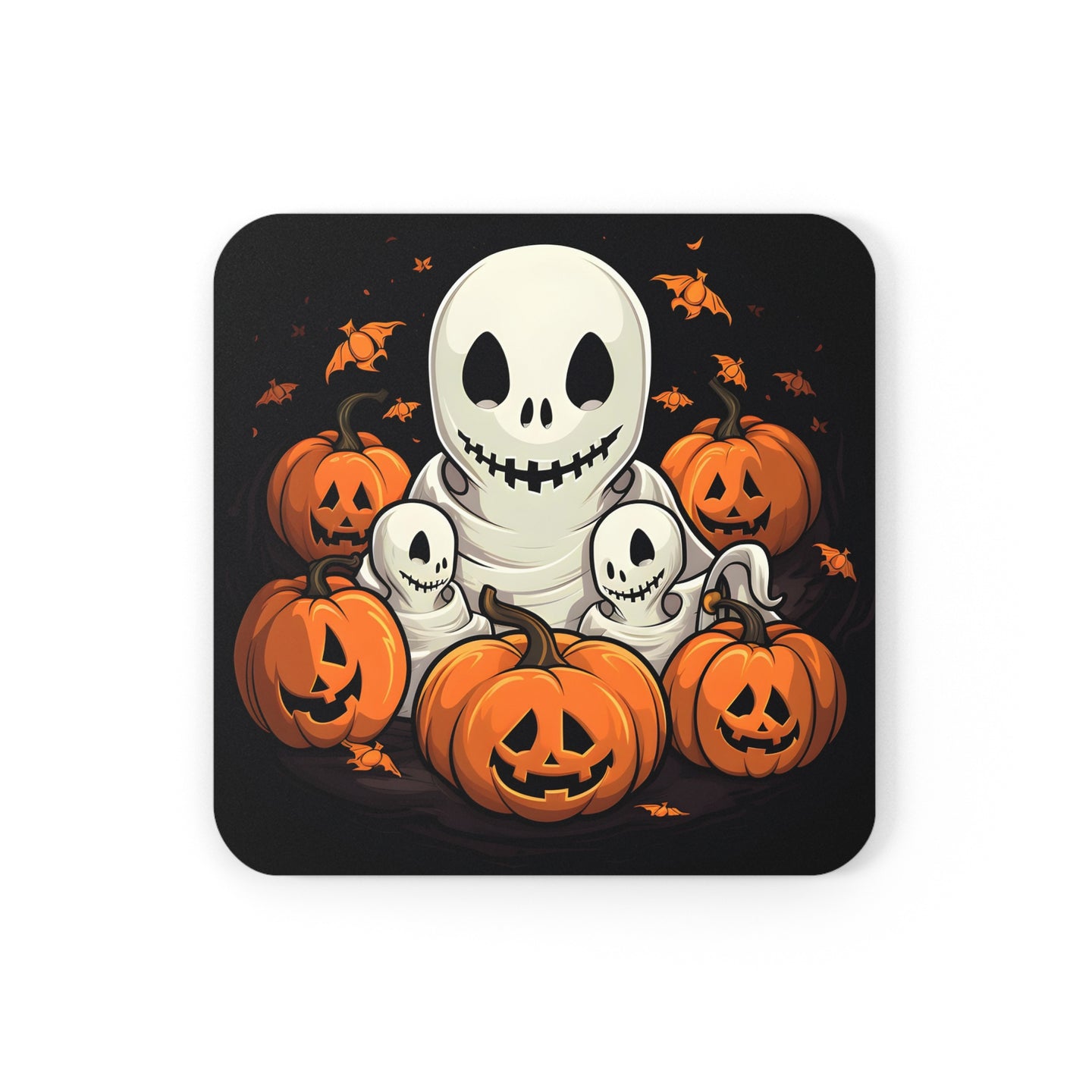 DistinctInk (Set of 4) Corkwood Coasters with Ghost Skeleton Pumpkin PatternDesign for Halloween