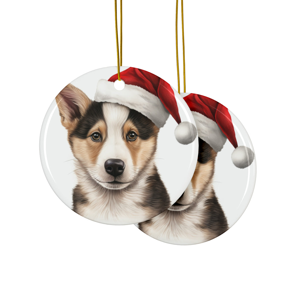 Hanging Ceramic Christmas Tree Ornament with Gold String - Canaan Dog Puppy Drawing Design, view 2