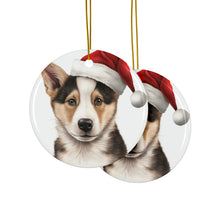 DistinctInk Hanging Ceramic Christmas Tree Ornament with Gold String - Great Gift/Present - 2 3/4 inch Diameter - Canaan Dog Puppy Drawing Design