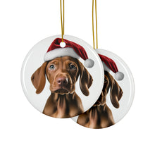 DistinctInk Hanging Ceramic Christmas Tree Ornament with Gold String - Great Gift/Present - 2 3/4 inch Diameter - Vizsla Puppy Design