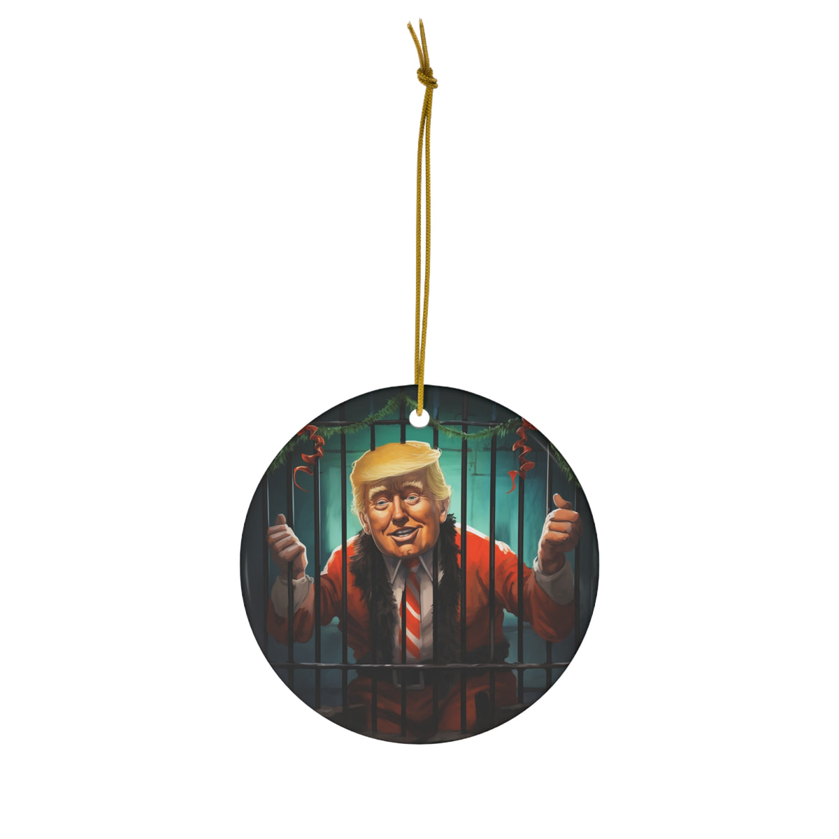 Hanging Ceramic Christmas Tree Ornament Charm with Gold String - Trump Celebrates Christmas in Jail, view 2