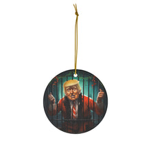 DistinctInk Hanging Ceramic Christmas Tree Ornament Charm with Gold String - Great Gift/Present - 2 3/4 inch Diameter - Trump Celebrates Christmas in Jail