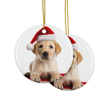 DistinctInk Hanging Ceramic Christmas Tree Ornament with Gold String - Great Gift/Present - 2 3/4 inch Diameter - Labrador Retriever Puppy Design