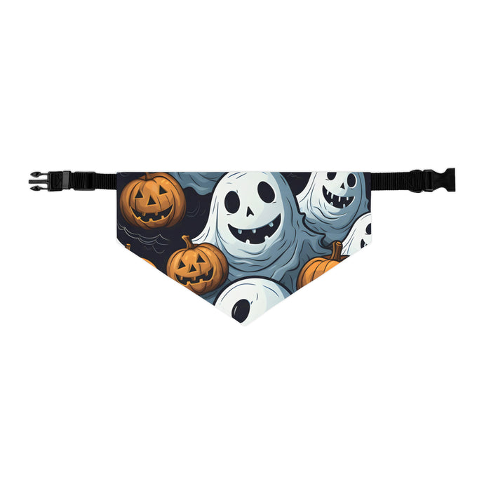 DistinctInk Adjustable Pet Banana Collar with Ghoulish Ghostbusters and Pumpkins Design for Halloween