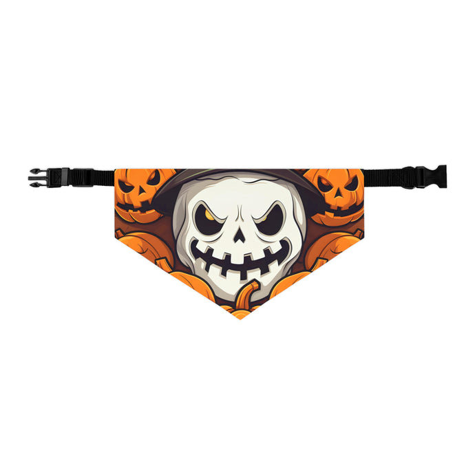 DistinctInk Adjustable Pet Banana Collar with Spooky Skeleton Pumpkin Patch Design for Halloween