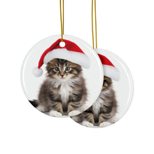 DistinctInk Hanging Ceramic Christmas Tree Ornament with Gold String - Great Gift/Present - 2 3/4 inch Diameter - Norwegian Forest Kitten Design