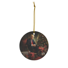 DistinctInk Hanging Ceramic Christmas Tree Ornament Charm with Gold String - Great Gift/Present - 2 3/4 inch Diameter - Trump's Festive Christmas with Tree