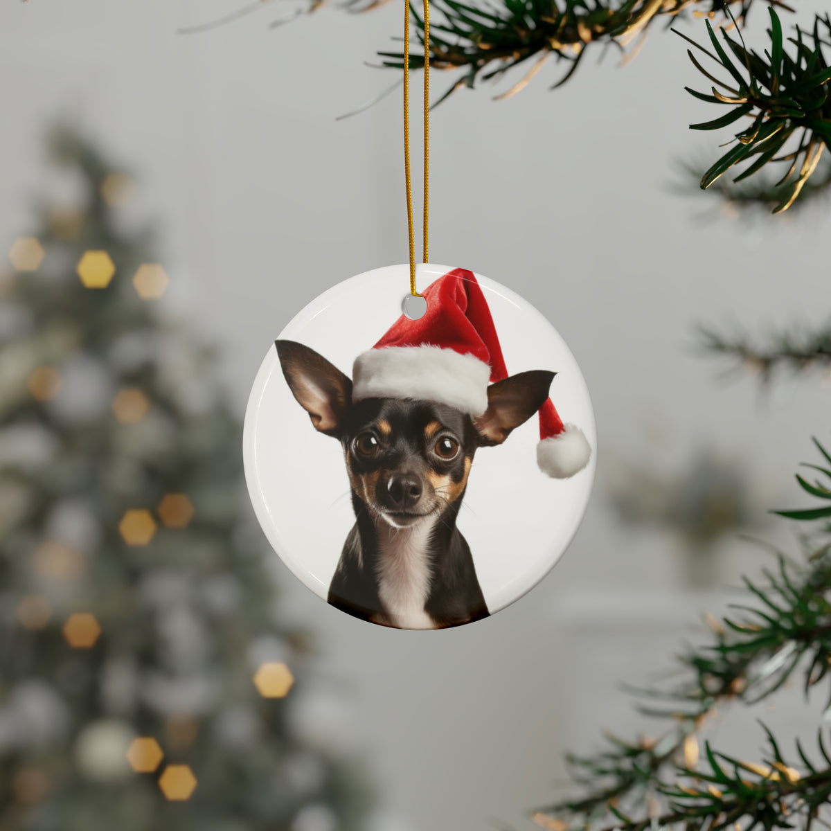 Hanging Ceramic Christmas Tree Ornament with Gold String - Rat Terrier Design, view 3