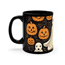 DistinctInk Black Coffee Mug - Ghost Skeleton Pumpkin Pattern for Halloween