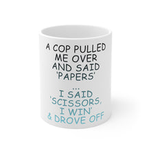 DistinctInk Glossy White Coffee / Tea Mug - Cop Pulled Over, Rock Paper Scissors