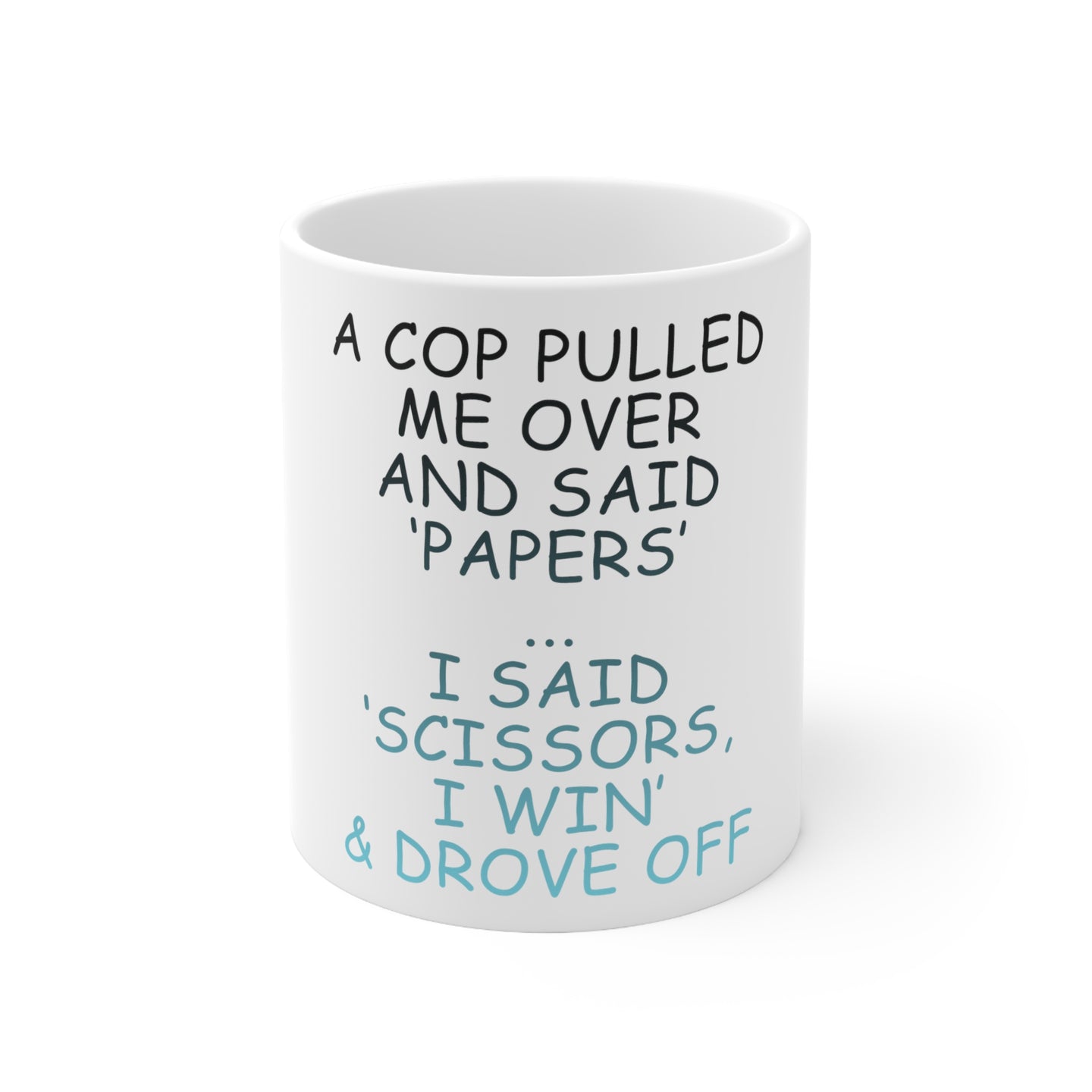 DistinctInk Glossy White Coffee / Tea Mug - Cop Pulled Over, Rock Paper Scissors