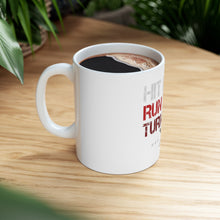 DistinctInk Glossy White Coffee / Tea Mug - Hit Hard Run Fast Turn Left Baseball