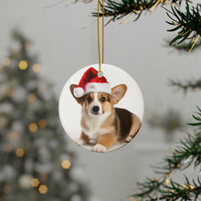 DistinctInk Hanging Ceramic Christmas Tree Ornament with Gold String - Great Gift/Present - 2 3/4 inch Diameter - Pembroke Welsh Corgi Puppy Design