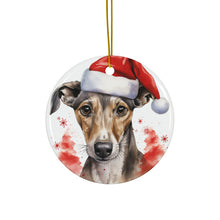 DistinctInk Hanging Ceramic Christmas Tree Ornament with Gold String - Great Gift/Present - 2 3/4 inch Diameter - Greyhound Puppy Drawing Design