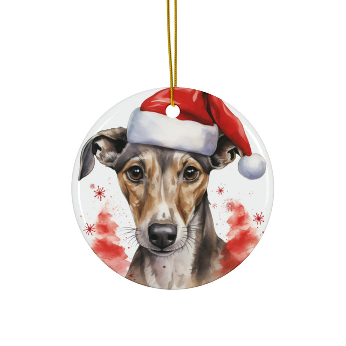 DistinctInk Hanging Ceramic Christmas Tree Ornament with Gold String - Great Gift/Present - 2 3/4 inch Diameter - Greyhound Puppy Drawing Design