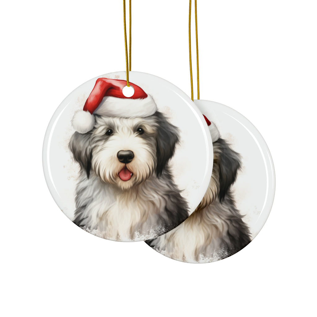 Hanging Ceramic Christmas Tree Ornament with Gold String - Old English Sheepdog Puppy Drawing Design, view 2