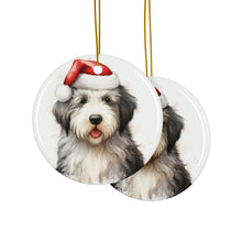 DistinctInk Hanging Ceramic Christmas Tree Ornament with Gold String - Great Gift/Present - 2 3/4 inch Diameter - Old English Sheepdog Puppy Drawing Design