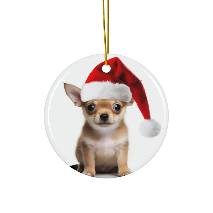 DistinctInk Hanging Ceramic Christmas Tree Ornament with Gold String - Great Gift/Present - 2 3/4 inch Diameter - Chihuahua Puppy Design