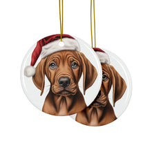 DistinctInk Hanging Ceramic Christmas Tree Ornament with Gold String - Great Gift/Present - 2 3/4 inch Diameter - Redbone Coonhound Puppy Drawing Design