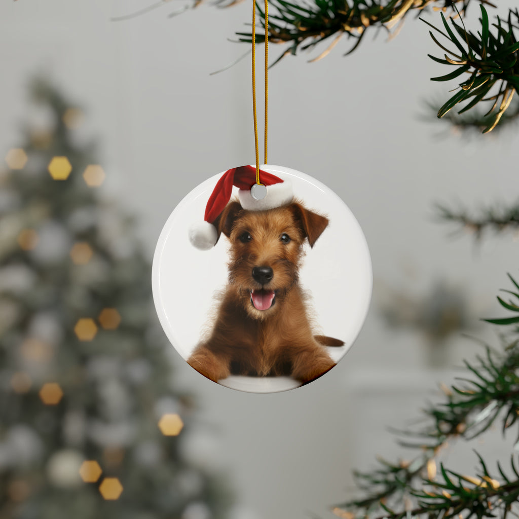 Hanging Ceramic Christmas Tree Ornament with Gold String - Irish Terrier Puppy Design, view 3